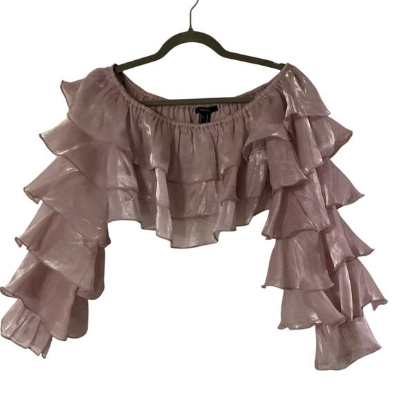 Forever 21 Dusty Rose Chiffon Ruffle Off Shoulder Crop Top Blouse Medium - Picture 2 of 9